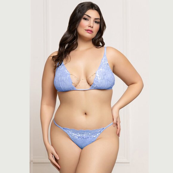 Plus Size Two-Piece Lurex Lace Bra Set with Rhinestone Chain - Picture 1 of 4